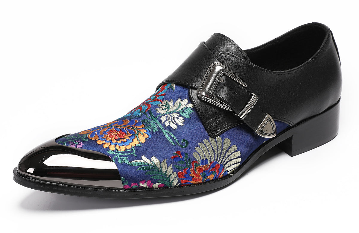 Mens Flower Embroidery Two-Tone Monk Strap Western Loafers