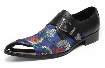 Mens Flower Embroidery Two-Tone Monk Strap Western Loafers