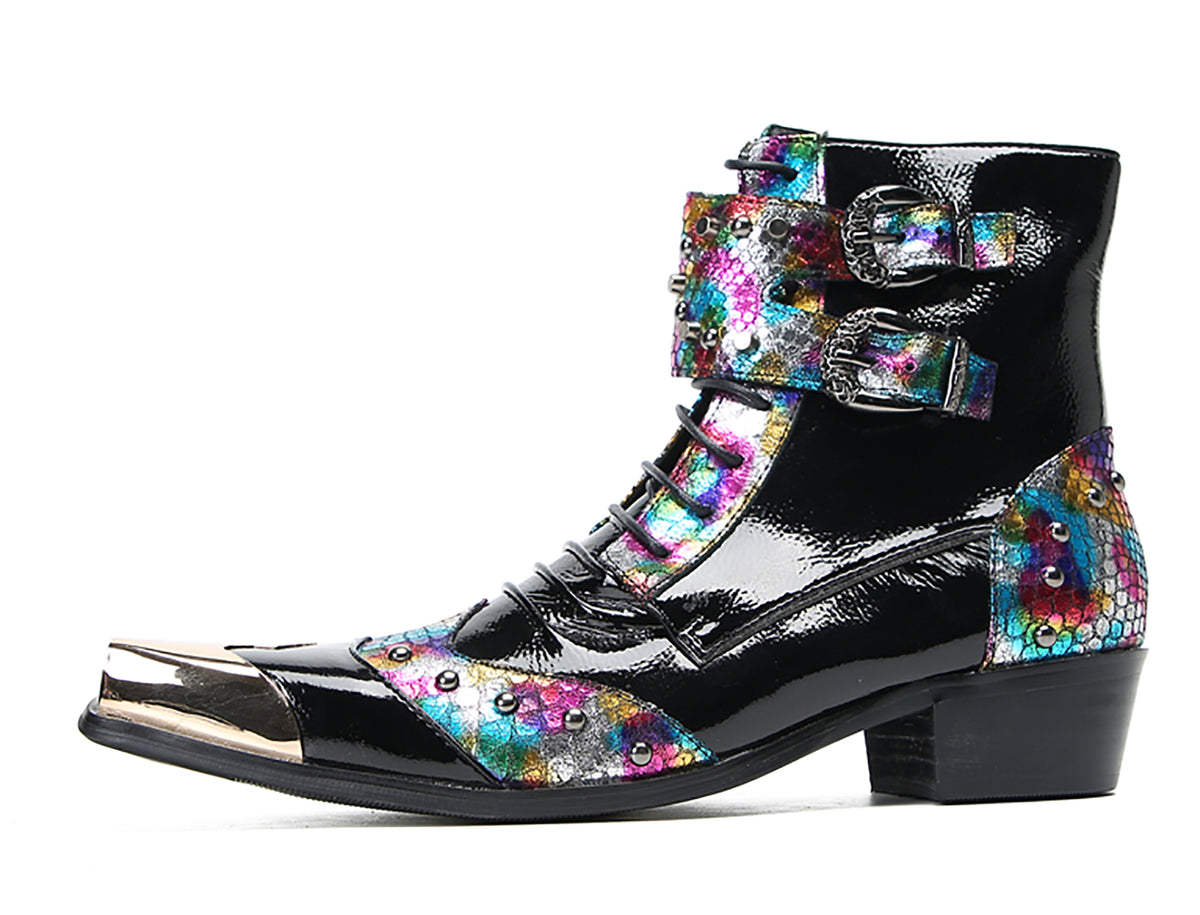 Mens Leather Metal Square-Toe Buckle Beaded Colorful Western Boots