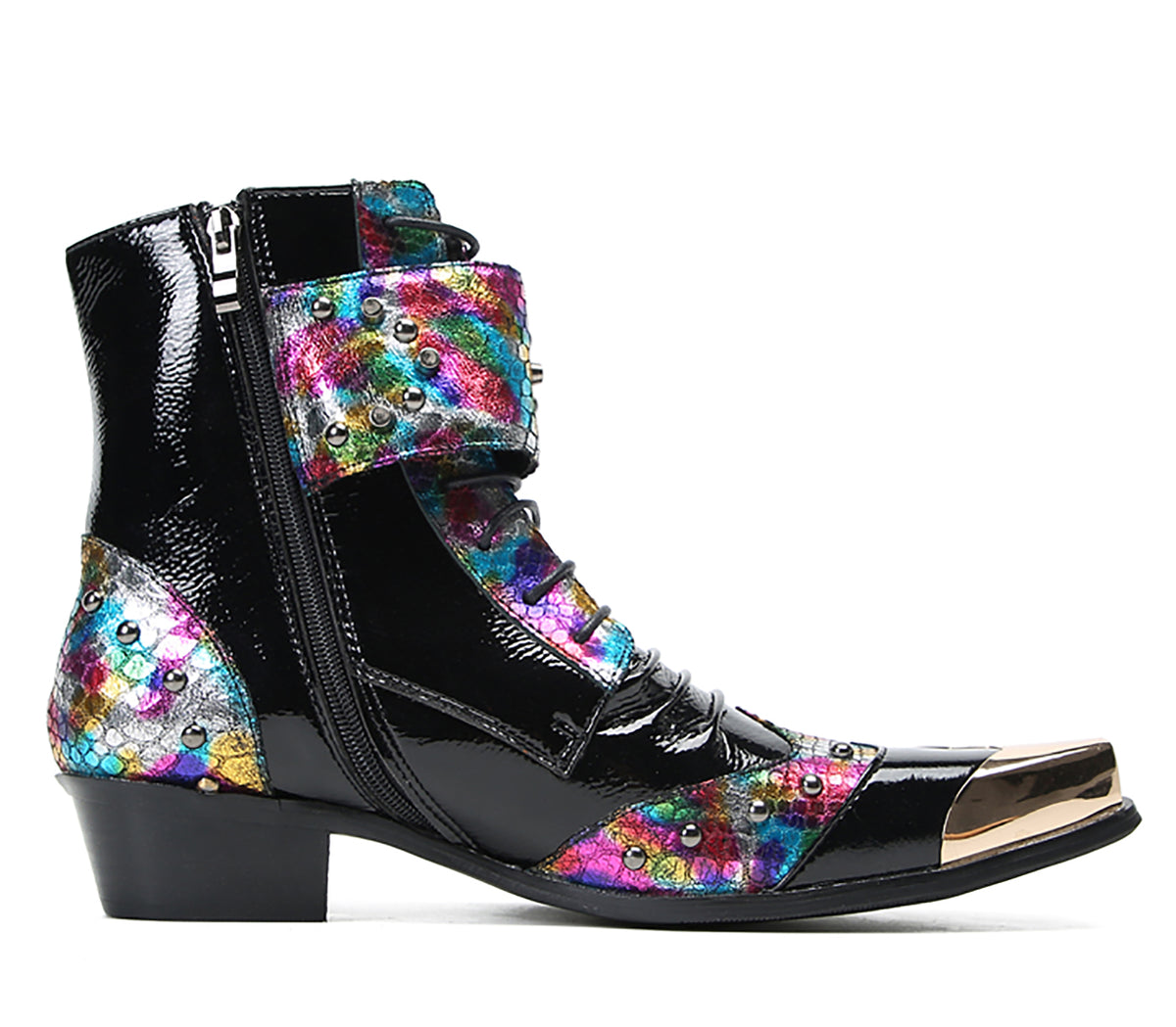 Mens Leather Metal Square-Toe Buckle Beaded Colorful Western Boots
