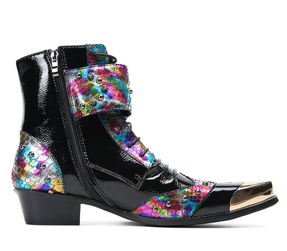 Mens Leather Metal Square-Toe Buckle Beaded Colorful Western Boots