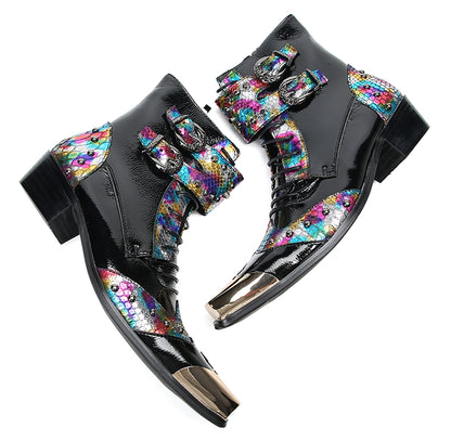 Mens Leather Metal Square-Toe Buckle Beaded Colorful Western Boots