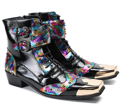 Mens Leather Metal Square-Toe Buckle Beaded Colorful Western Boots