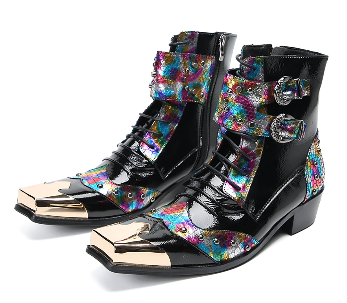 Mens Leather Metal Square-Toe Buckle Beaded Colorful Western Boots