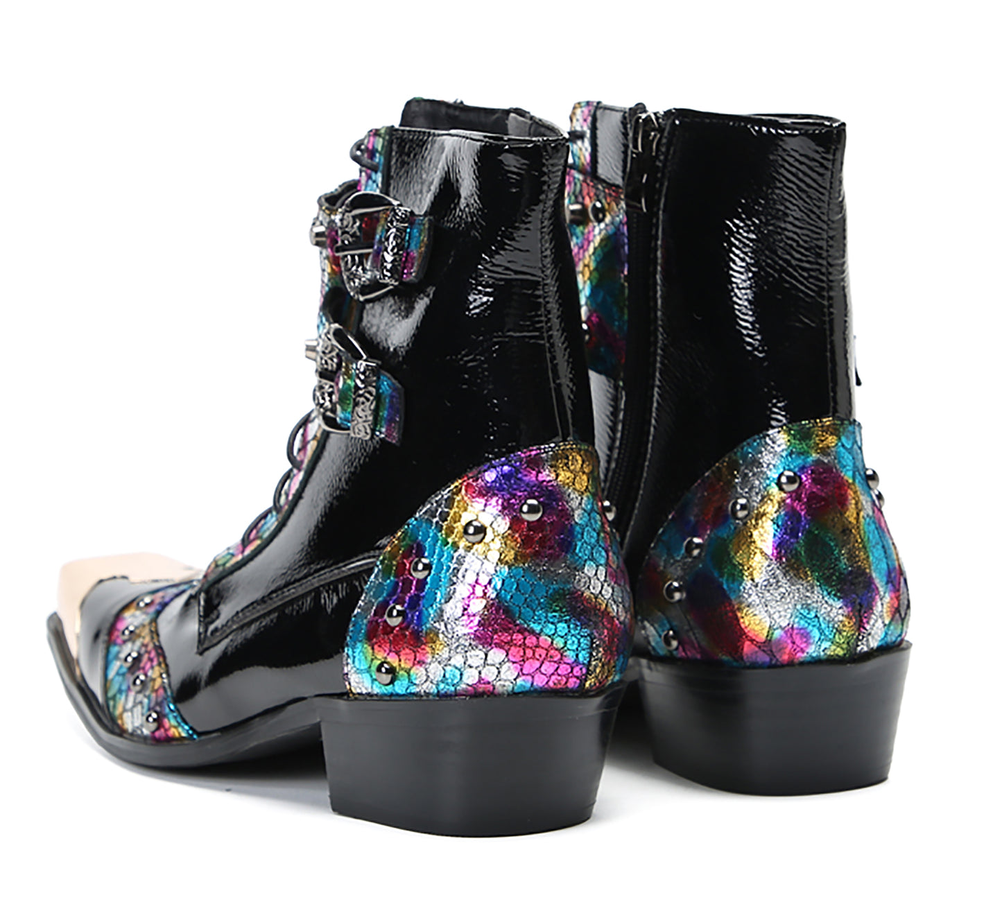 Mens Leather Metal Square-Toe Buckle Beaded Colorful Western Boots