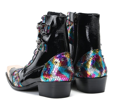 Mens Leather Metal Square-Toe Buckle Beaded Colorful Western Boots