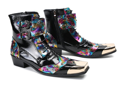 Mens Leather Metal Square-Toe Buckle Beaded Colorful Western Boots