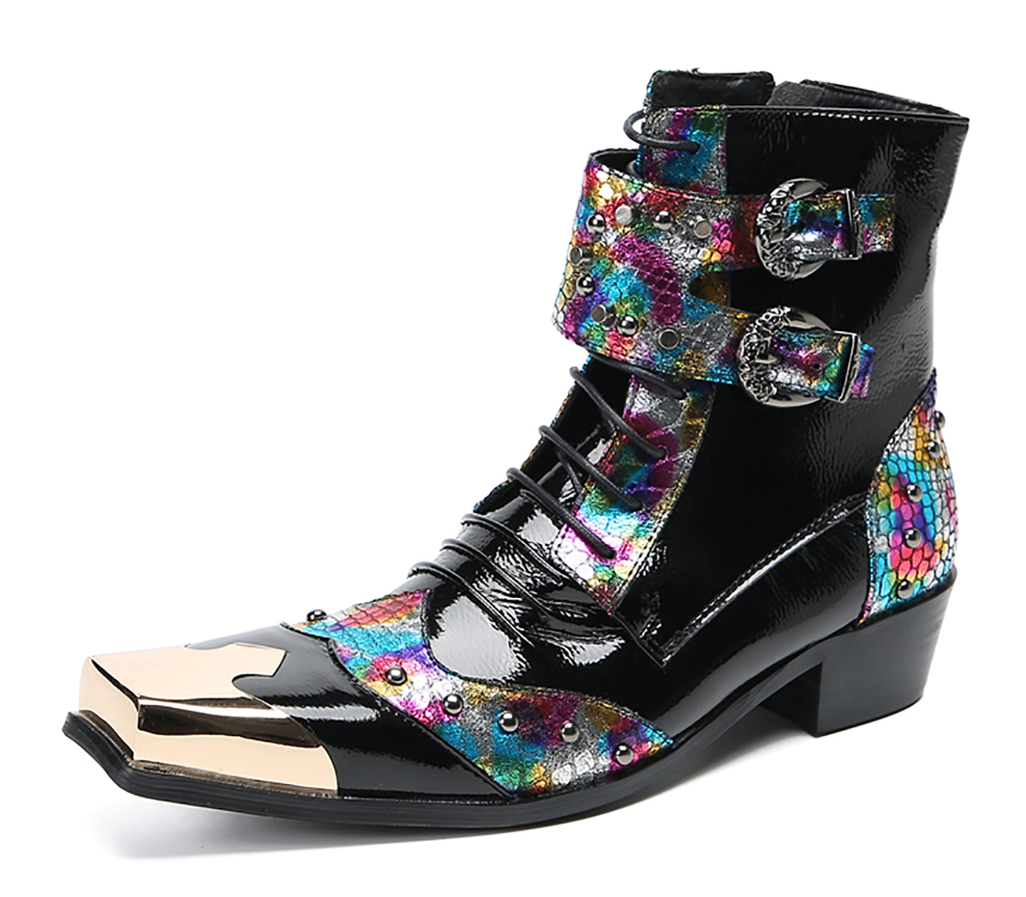 Mens Leather Metal Square-Toe Buckle Beaded Colorful Western Boots