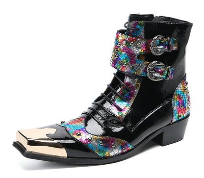 Mens Leather Metal Square-Toe Buckle Beaded Colorful Western Boots