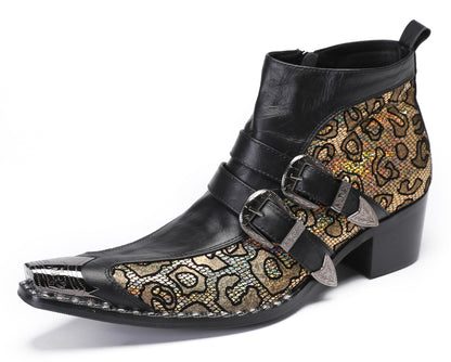 Mens Genuine Leather Double Buckle Rock Singer Ankle Western Boots