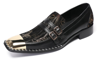 Mens Genuine Leather Buckles Metal Square Toe Western Loafers