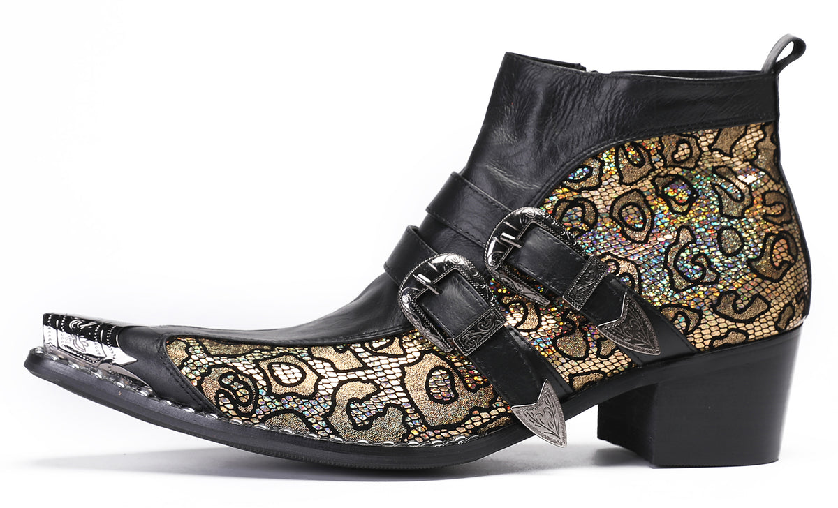 Mens Genuine Leather Double Buckle Rock Singer Ankle Western Boots