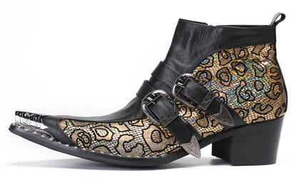 Mens Genuine Leather Double Buckle Rock Singer Ankle Western Boots