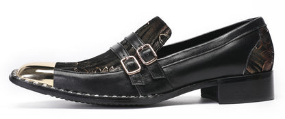 Mens Genuine Leather Buckles Metal Square Toe Western Loafers