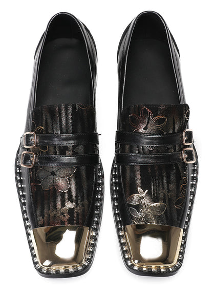 Mens Genuine Leather Buckles Metal Square Toe Western Loafers