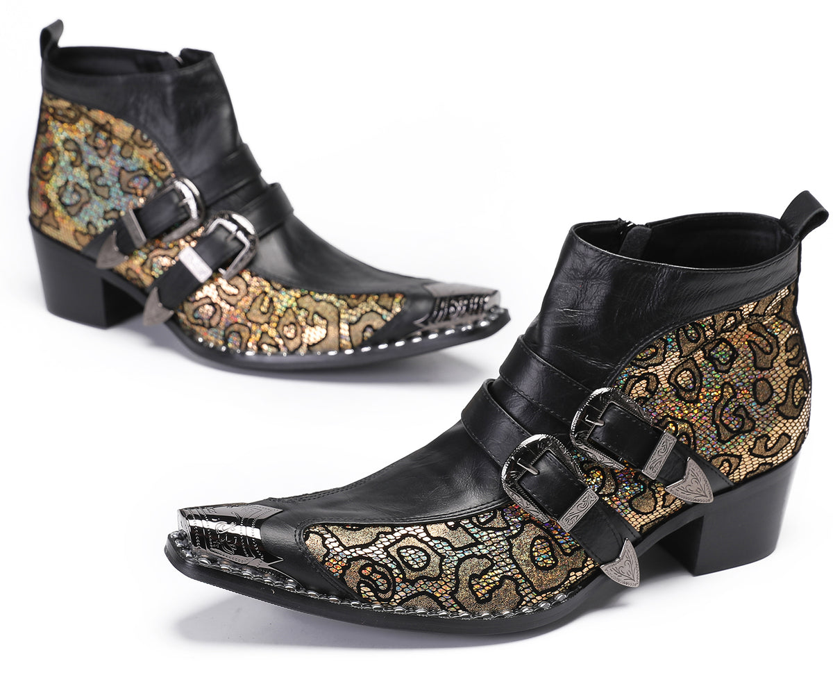 Mens Genuine Leather Double Buckle Rock Singer Ankle Western Boots