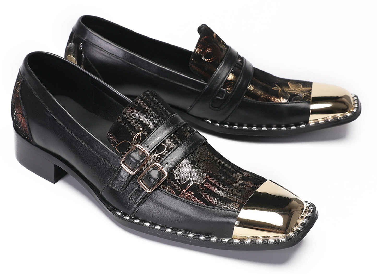 Mens Genuine Leather Buckles Metal Square Toe Western Loafers