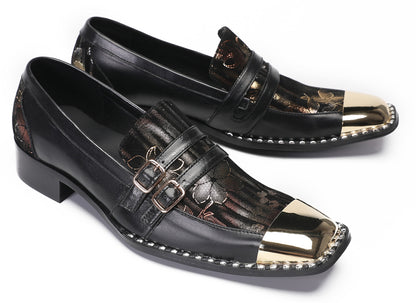 Mens Genuine Leather Buckles Metal Square Toe Western Loafers