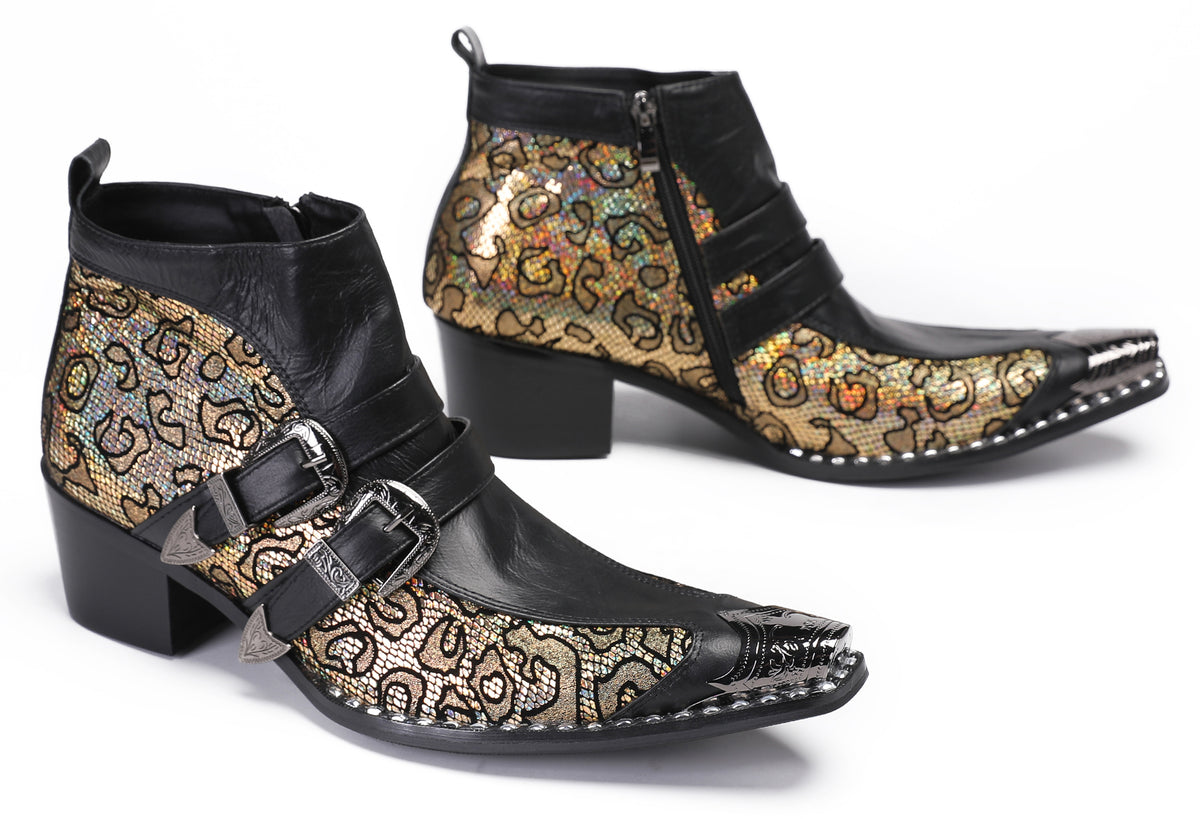 Mens Genuine Leather Double Buckle Rock Singer Ankle Western Boots