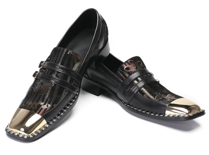 Mens Genuine Leather Buckles Metal Square Toe Western Loafers