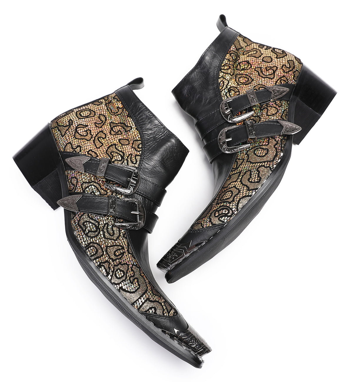 Mens Genuine Leather Double Buckle Rock Singer Ankle Western Boots
