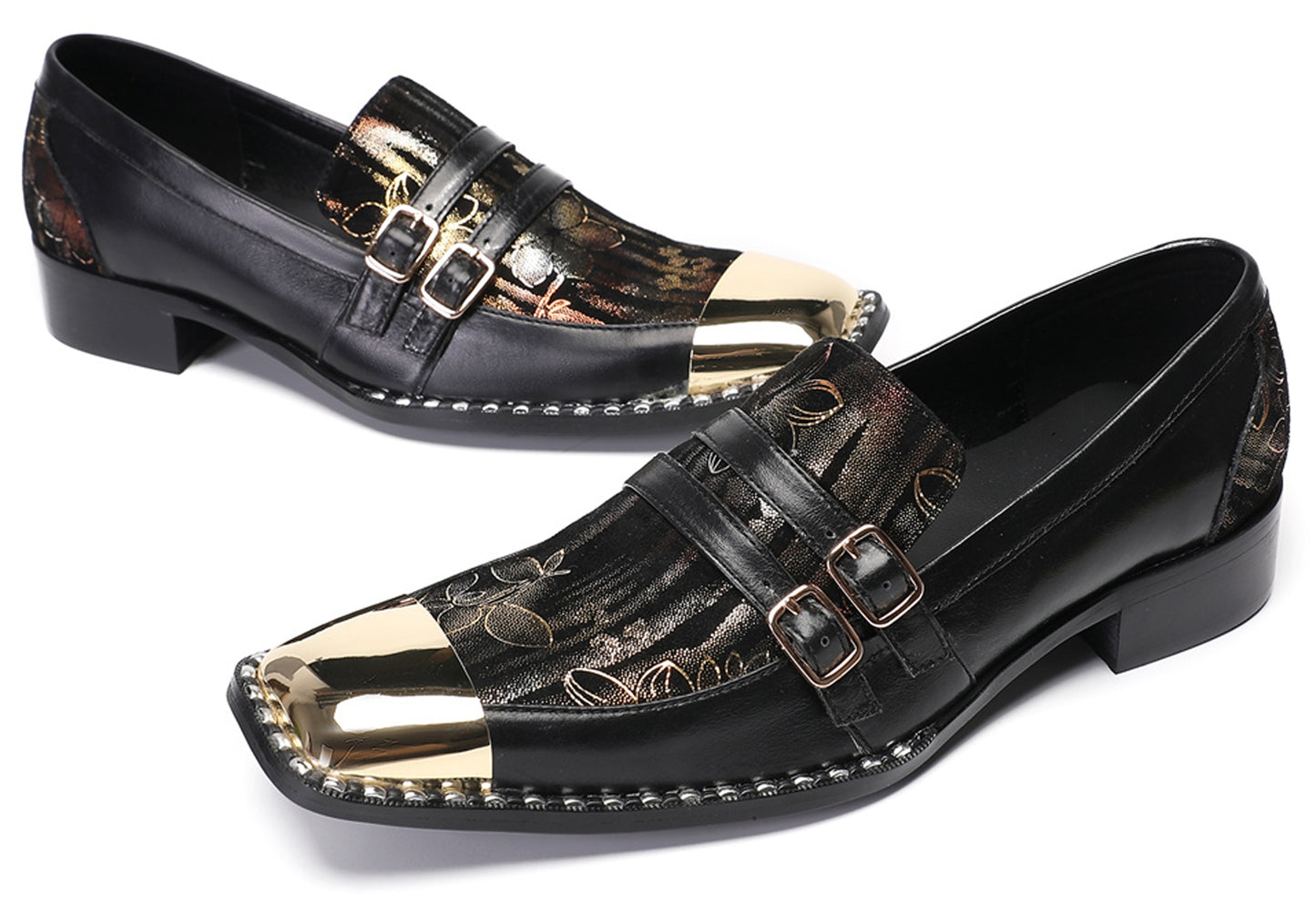 Mens Genuine Leather Buckles Metal Square Toe Western Loafers