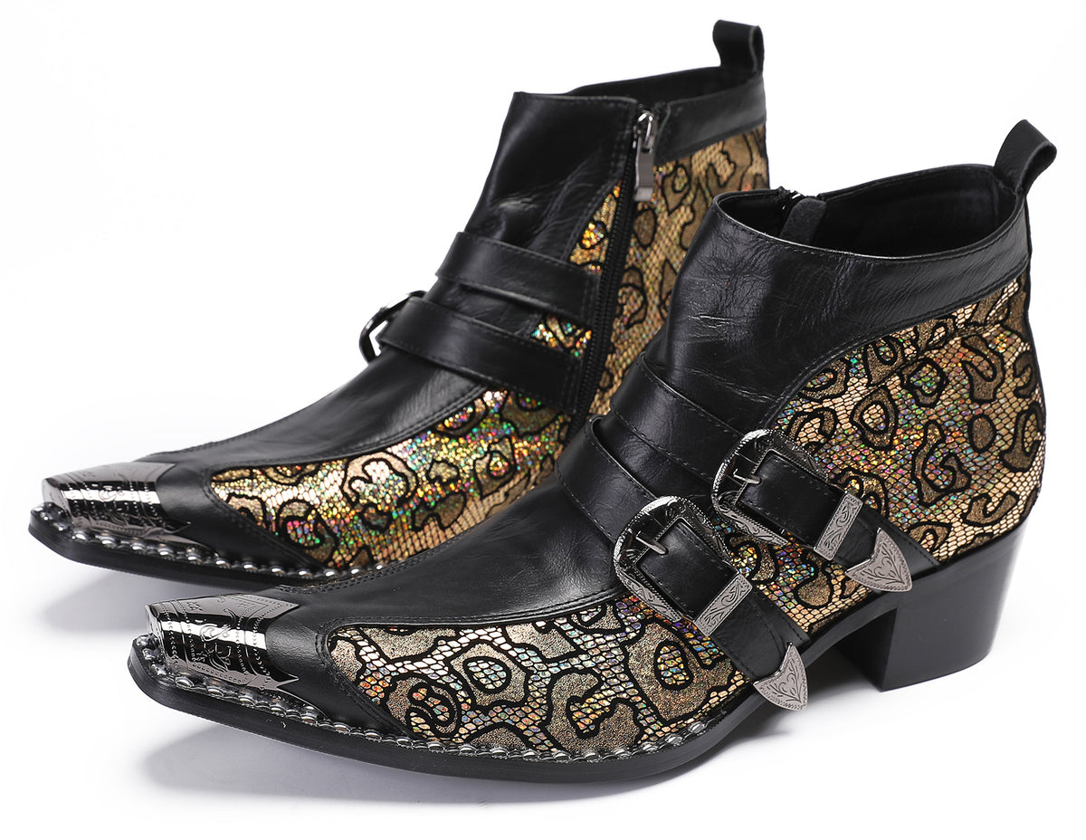 Mens Genuine Leather Double Buckle Rock Singer Ankle Western Boots