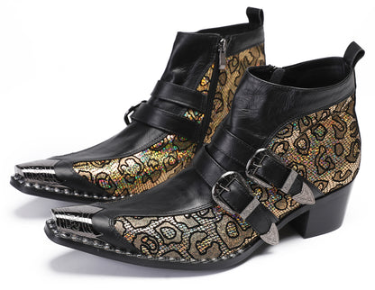 Mens Genuine Leather Double Buckle Rock Singer Ankle Western Boots