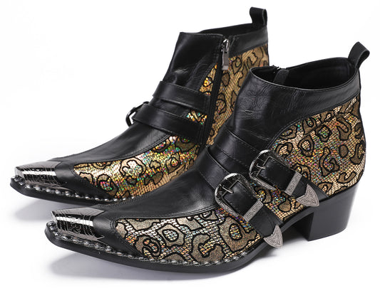 Mens Genuine Leather Double Buckle Rock Singer Ankle Western Boots