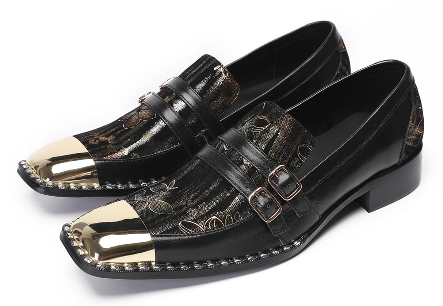 Mens Genuine Leather Buckles Metal Square Toe Western Loafers