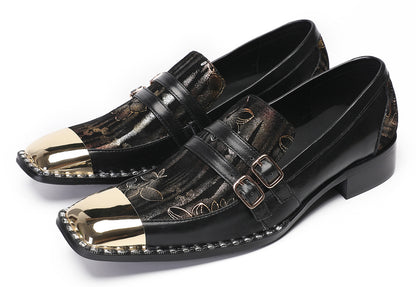 Mens Genuine Leather Buckles Metal Square Toe Western Loafers