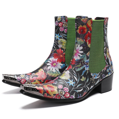 Mens Handmade Floral Top-Grain Leather Chelsea Boots
