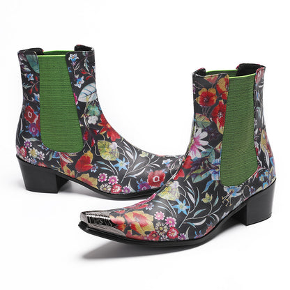 Mens Handmade Floral Top-Grain Leather Chelsea Boots