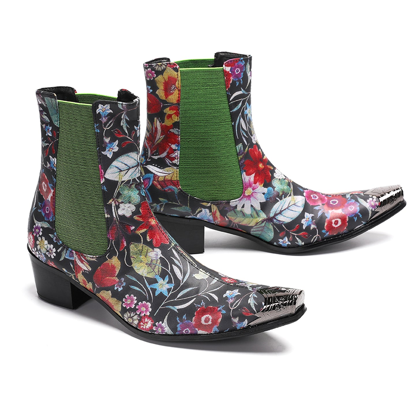 Mens Handmade Floral Top-Grain Leather Chelsea Boots