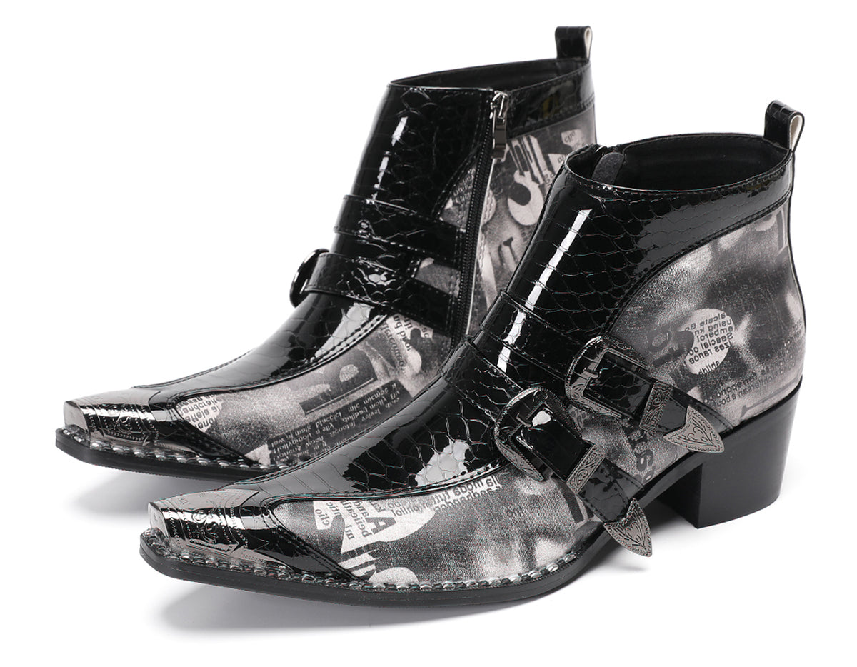 Mens Metal Toe Tip Double-Buckle Harness Ankle Western Boots