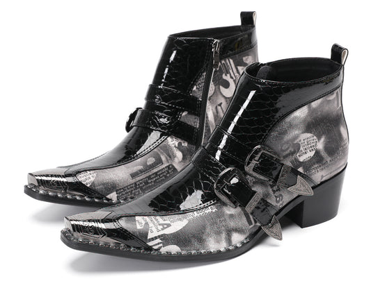 Mens Metal Toe Tip Double-Buckle Harness Ankle Western Boots