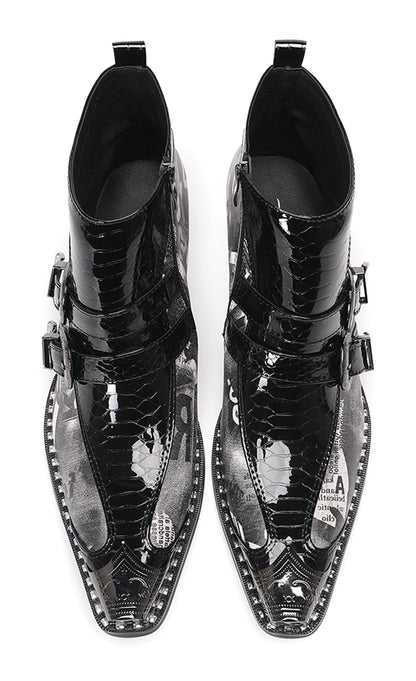 Mens Metal Toe Tip Double-Buckle Harness Ankle Western Boots