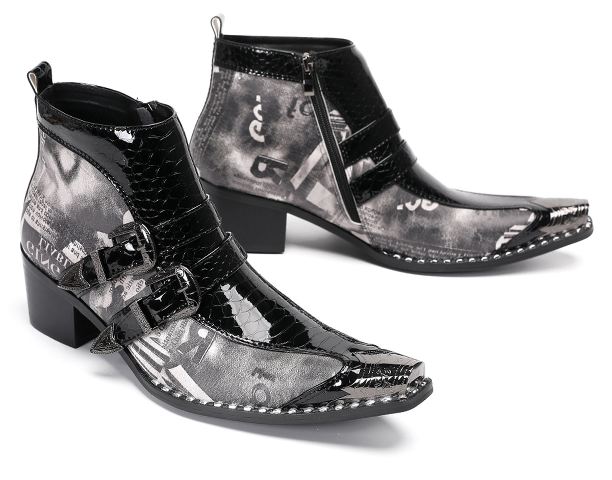 Mens Metal Toe Tip Double-Buckle Harness Ankle Western Boots