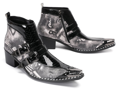 Mens Metal Toe Tip Double-Buckle Harness Ankle Western Boots
