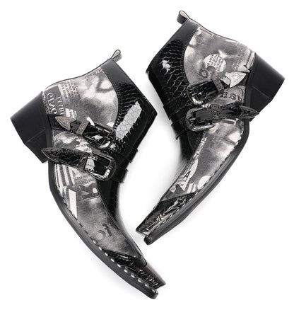 Mens Metal Toe Tip Double-Buckle Harness Ankle Western Boots