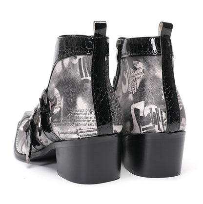 Mens Metal Toe Tip Double-Buckle Harness Ankle Western Boots