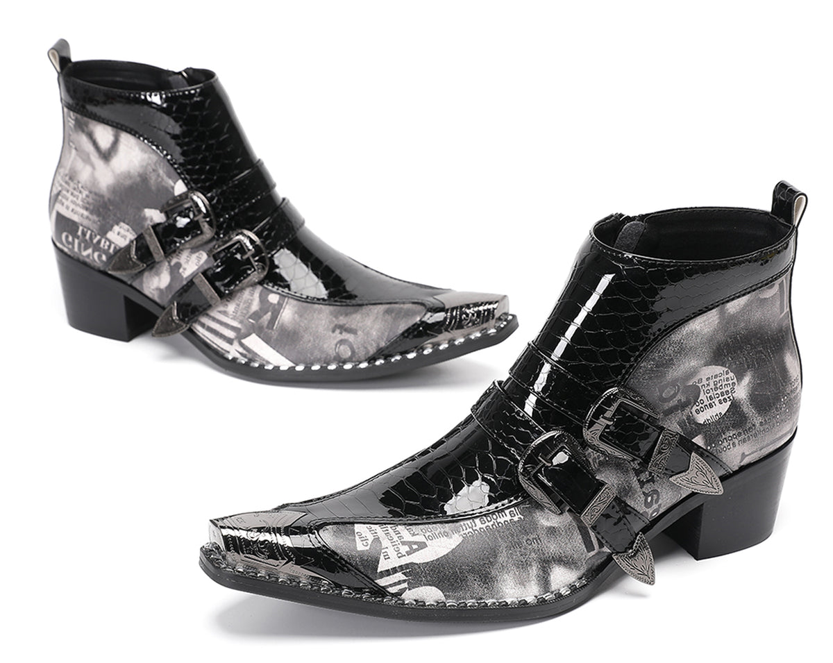 Mens Metal Toe Tip Double-Buckle Harness Ankle Western Boots