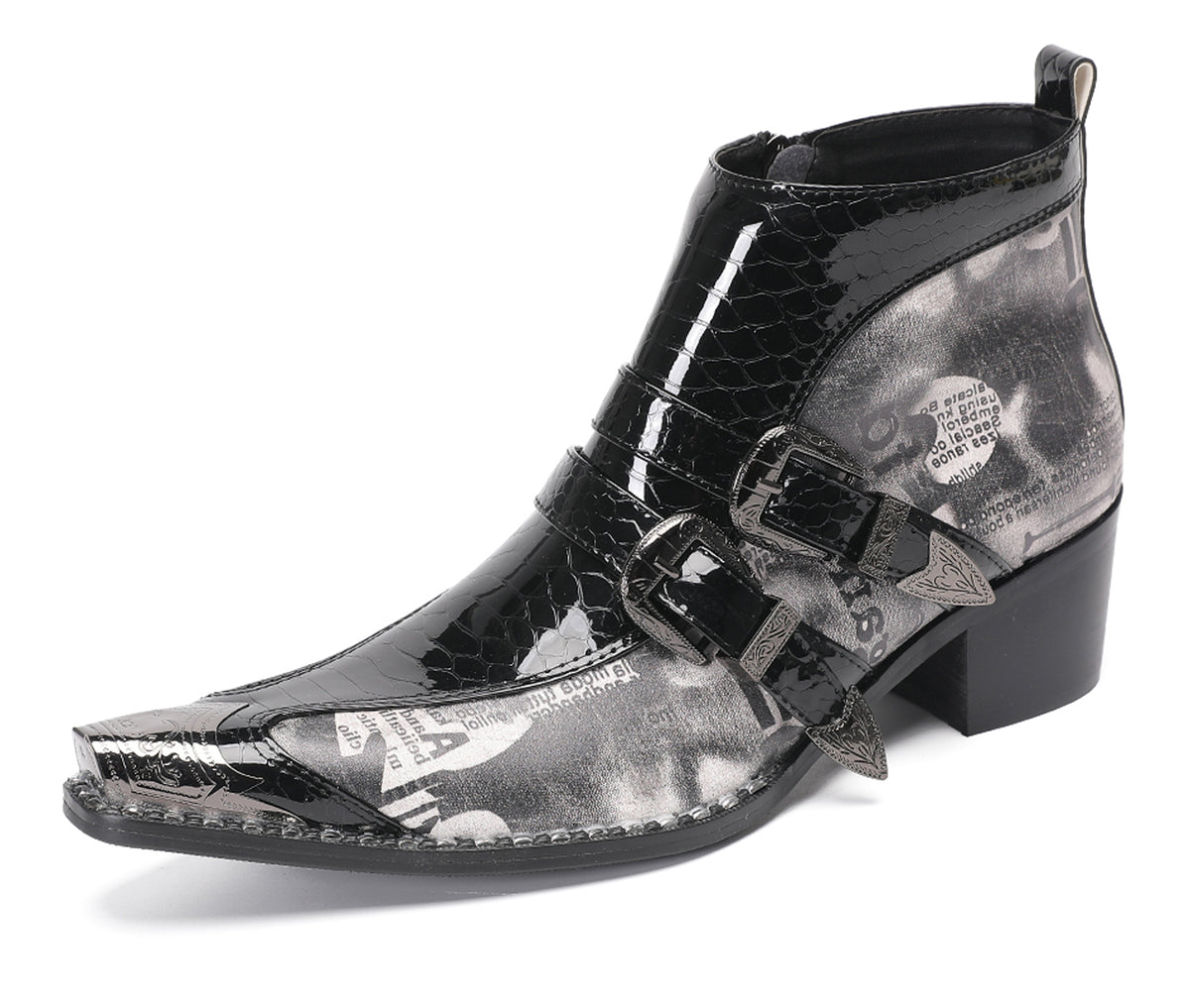 Mens Metal Toe Tip Double-Buckle Harness Ankle Western Boots