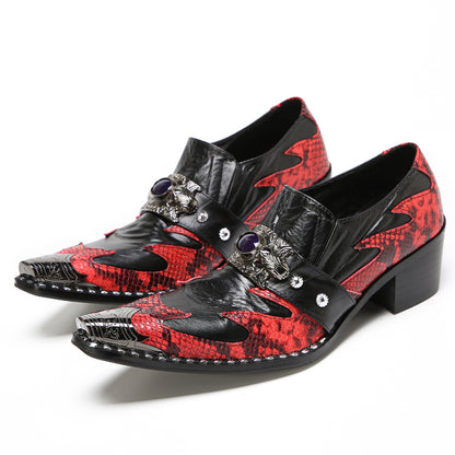 Mens Black Red Snakeskin Pattern Cuban Heel Slip-On Western Loafers