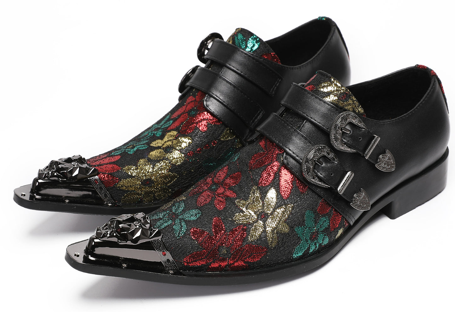 Mens Double Buckle Flower Embroidery Two-Tone Western Loafers