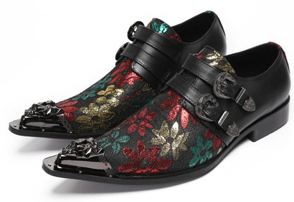 Mens Double Buckle Flower Embroidery Two-Tone Western Loafers