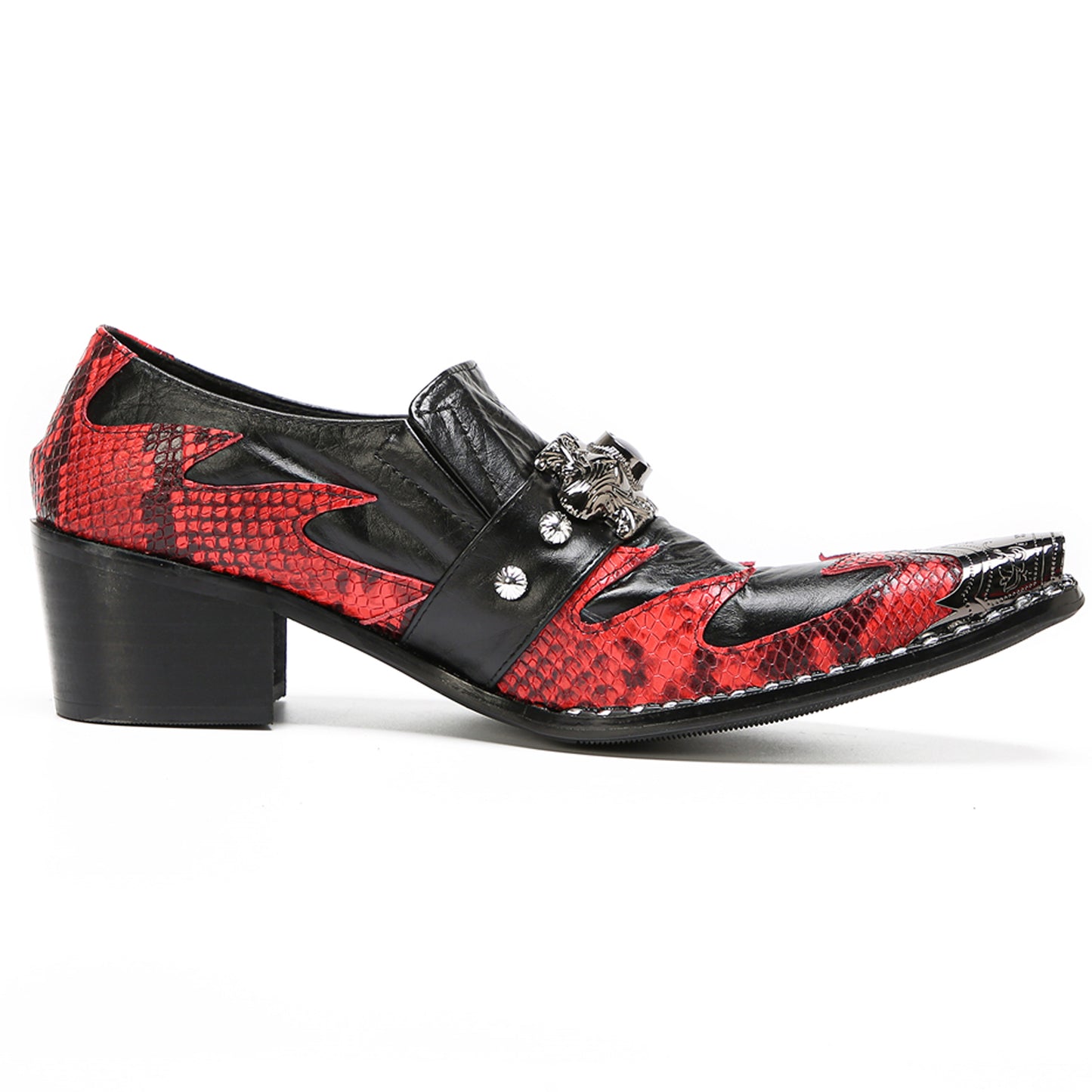 Mens Black Red Snakeskin Pattern Cuban Heel Slip-On Western Loafers