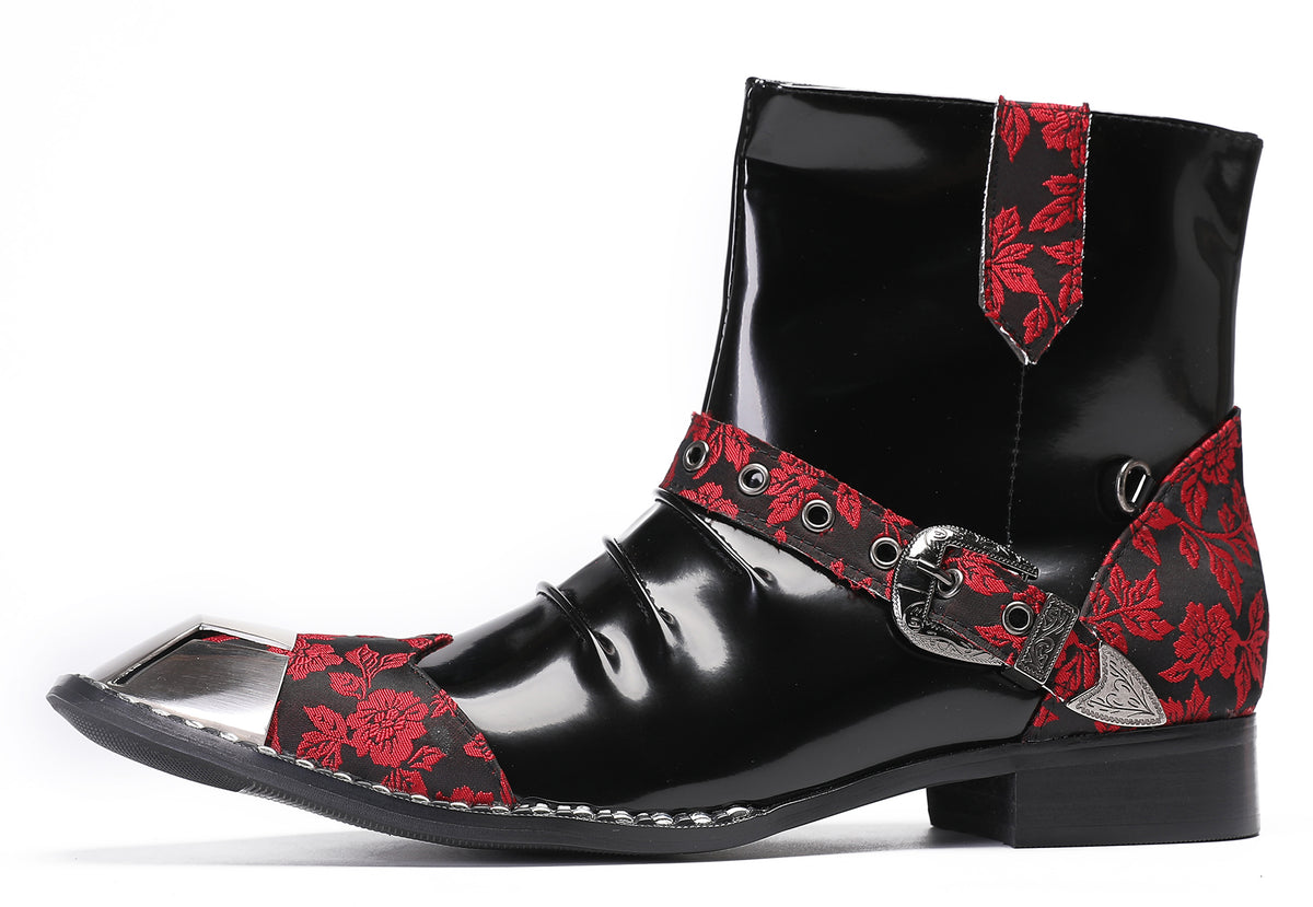 Mens Genuine Leather Metal Square Toe Buckle Rock Cowboy Western Boots