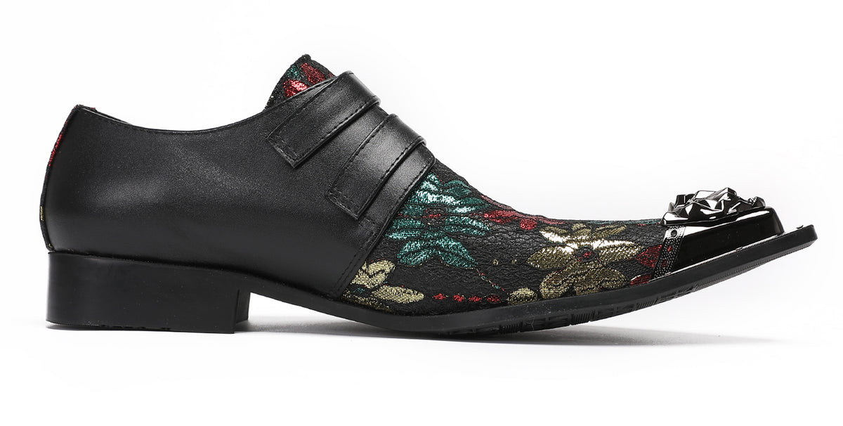 Mens Double Buckle Flower Embroidery Two-Tone Western Loafers