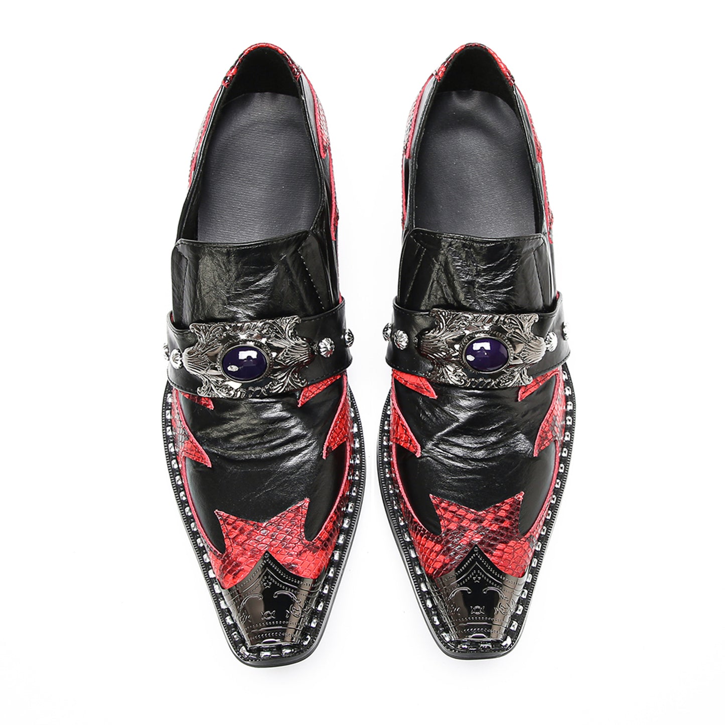 Mens Black Red Snakeskin Pattern Cuban Heel Slip-On Western Loafers